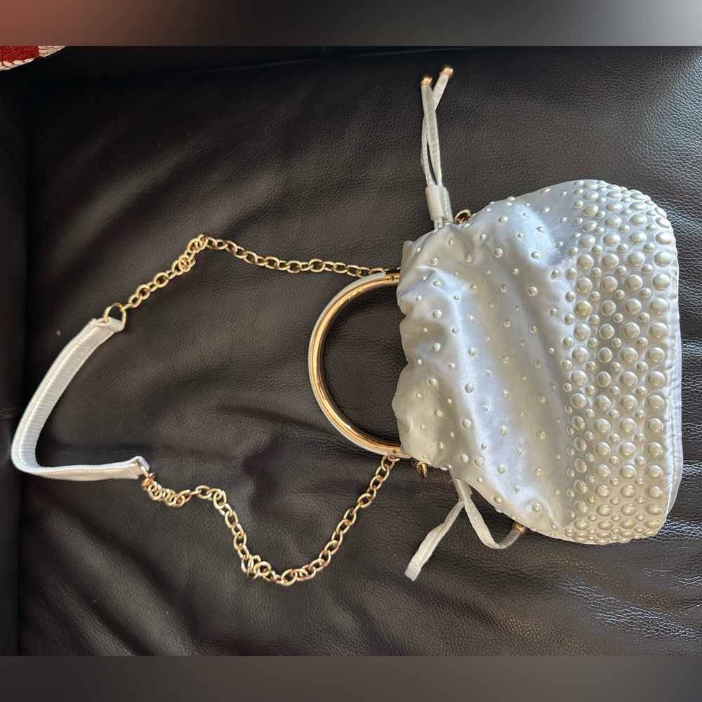 River Island Pearl-Embellished Bridal White Satin Wristlet and Shoulder Bag